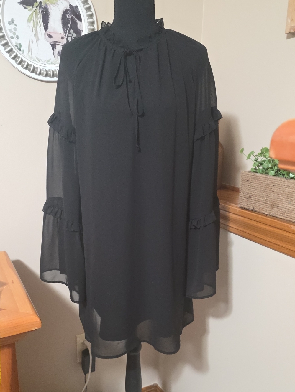 Lavender Brown Black Sheer Ruffle-Trim Mini Dress